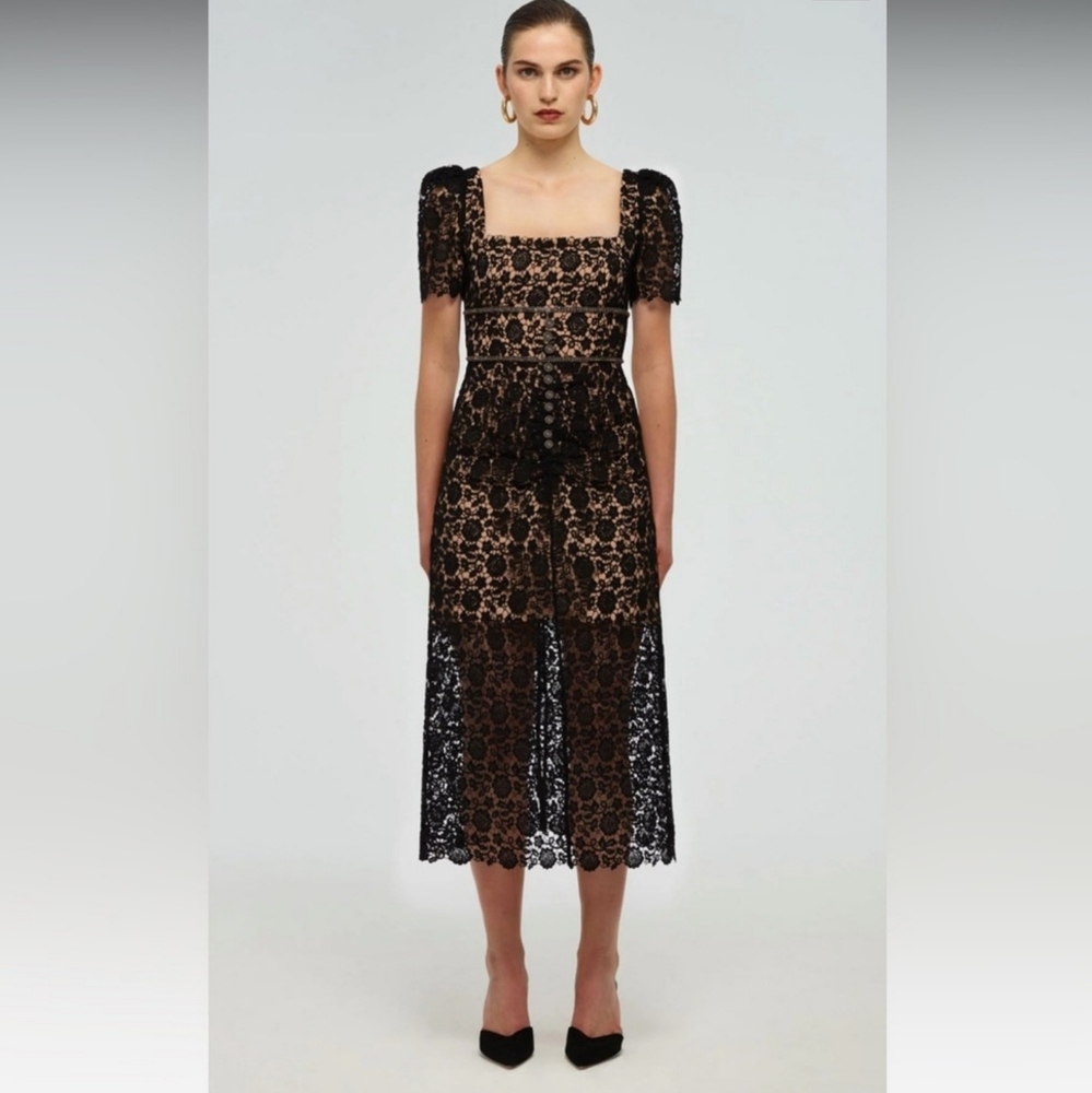 Self-Portrait Black Lace Midi Dress with Nude Underlay